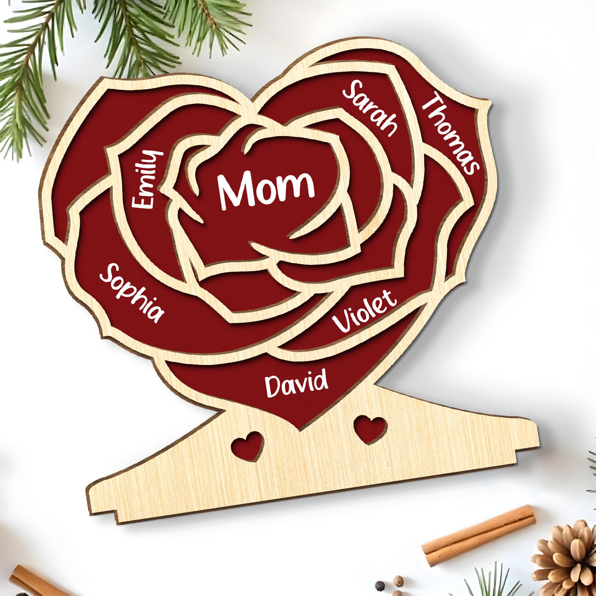 Family Flower - Personalized Custom 2-Layer Wood Plaque With Flat Base