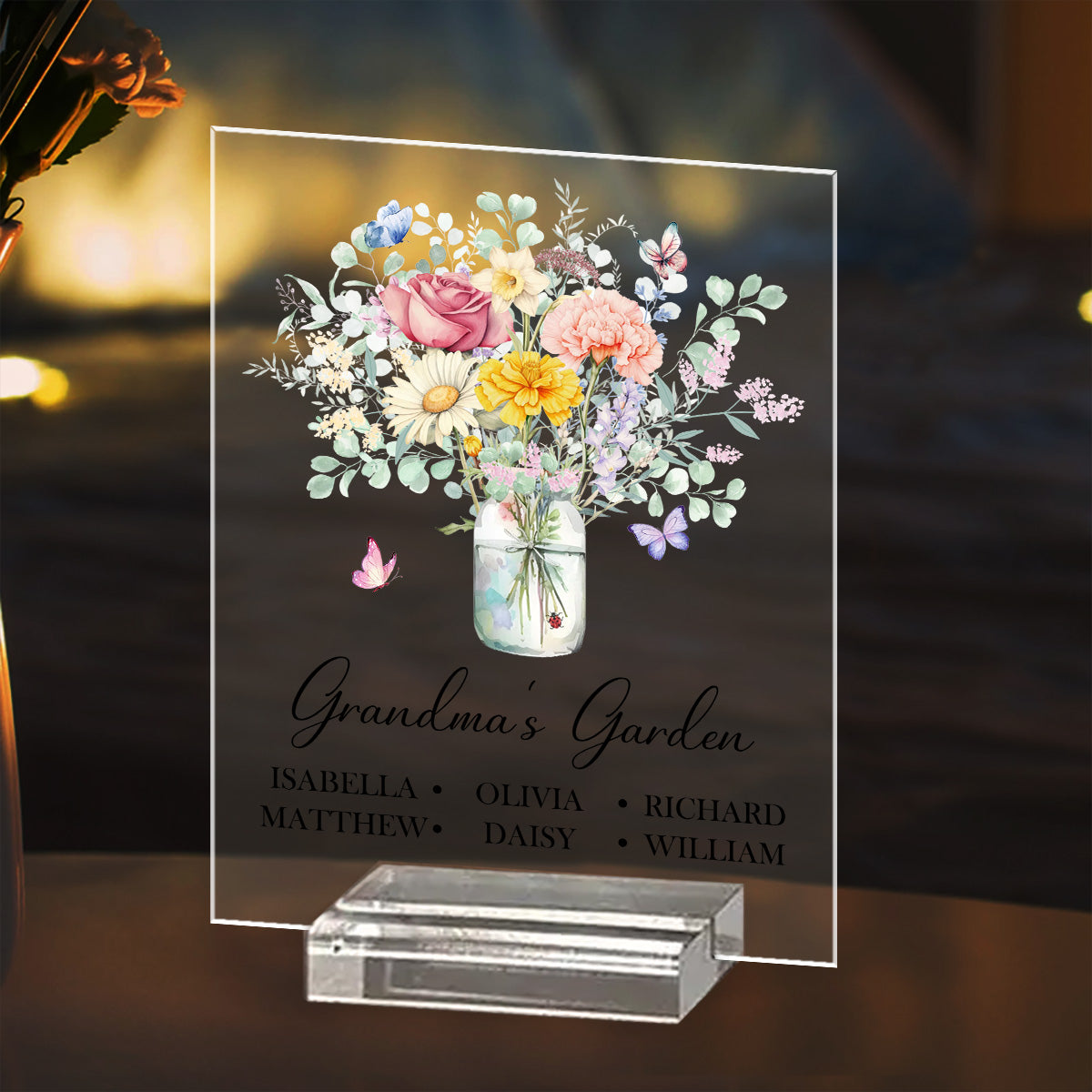 Birth Flower Grandma Bouquet - Personalized Custom Acrylic Plaque With Base