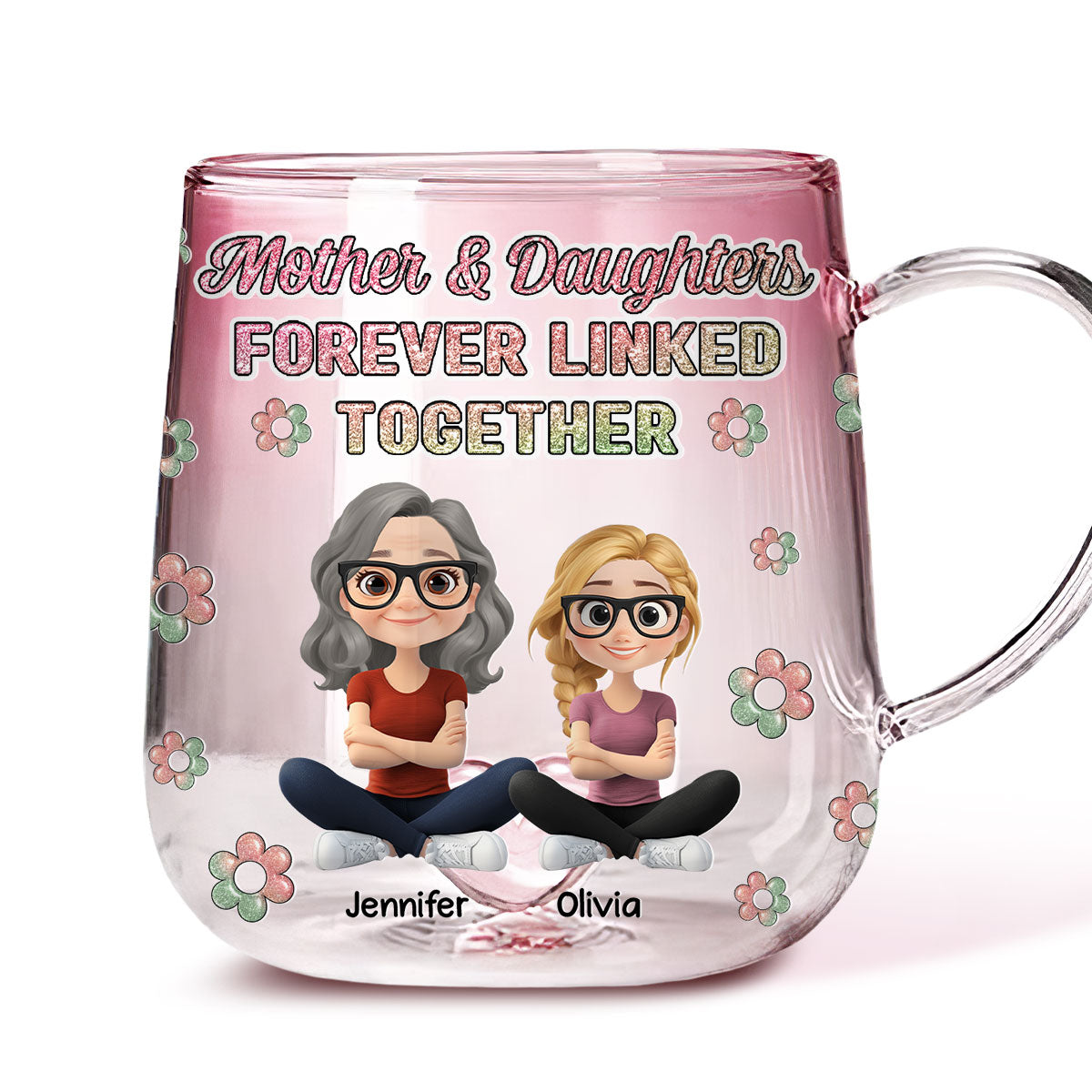 Mother And Daughter Linked Forever Cartoonize - Personalized Custom Pink Gradient Glass Mug