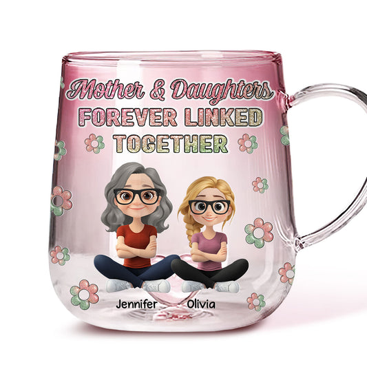 Mother And Daughter Linked Forever Cartoonize - Personalized Custom Pink Gradient Glass Mug
