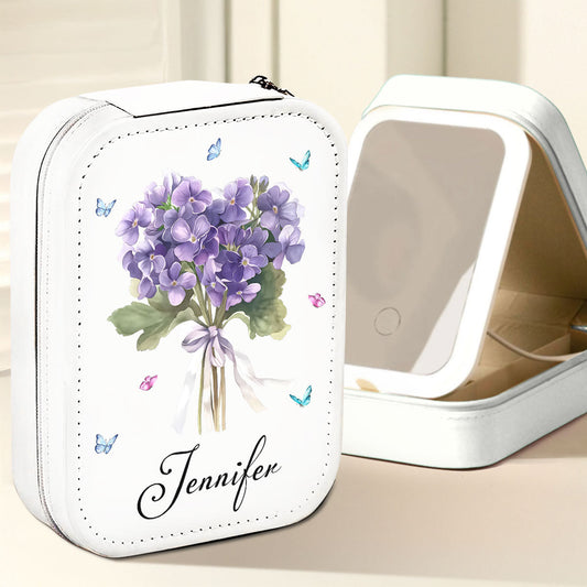 Birth Month Flower - Personalized Custom Jewelry Box With LED Mirror