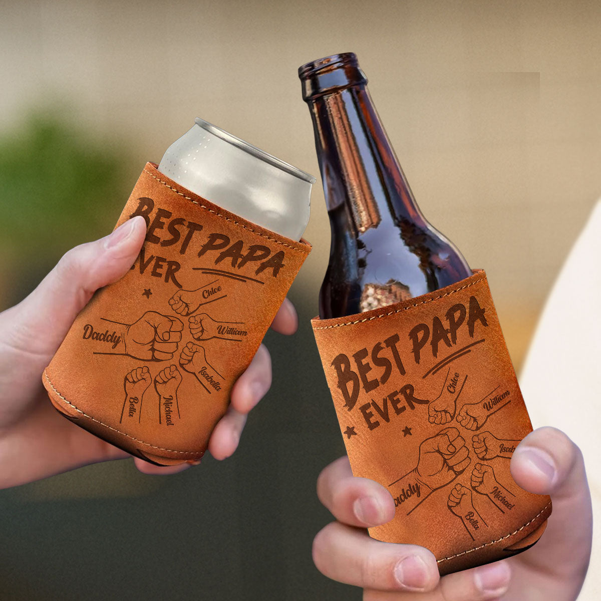 The Best Dad Ever - Personalized Custom Engraved Leather Can Cooler Holder