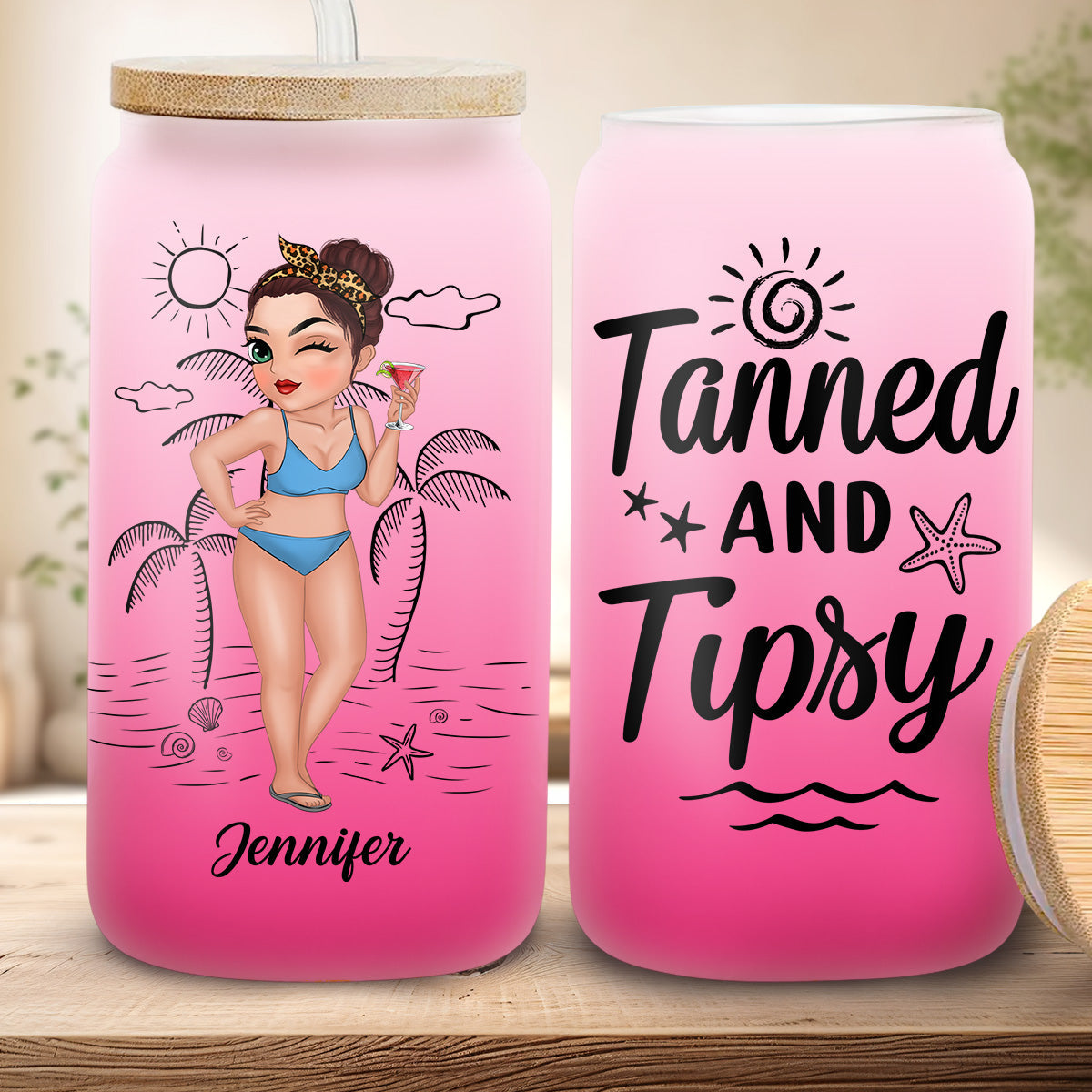 Tanned And Tipsy - Personalized Custom Ombre Frosted Glass Can