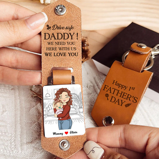 First Father's Day - Personalized Leather Photo Keychain