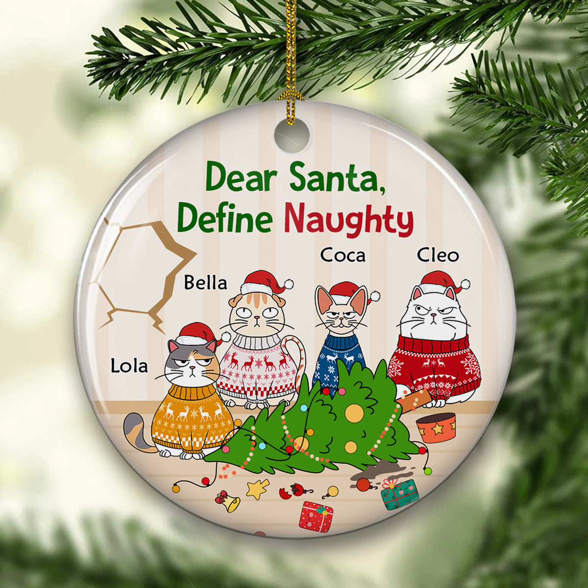 Santa Define Naughty Cats - Personalized Custom Ceramic Ornament