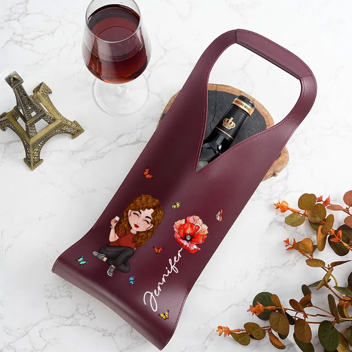Cartoon Bloom Girl Charm - Personalized Custom Leather Wine Bag