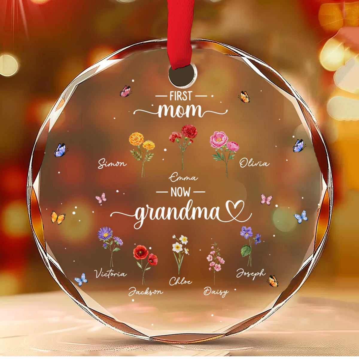 First Mom Now Happiness Grandma - Personalized Custom Glass Ornament