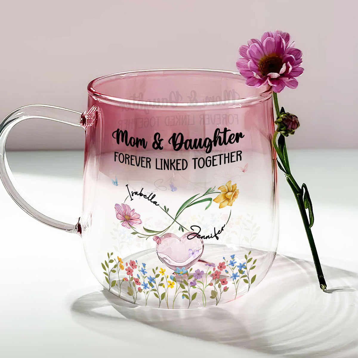 Mom And Daughter Forever Linked - Personalized Custom Pink Gradient Glass Mug