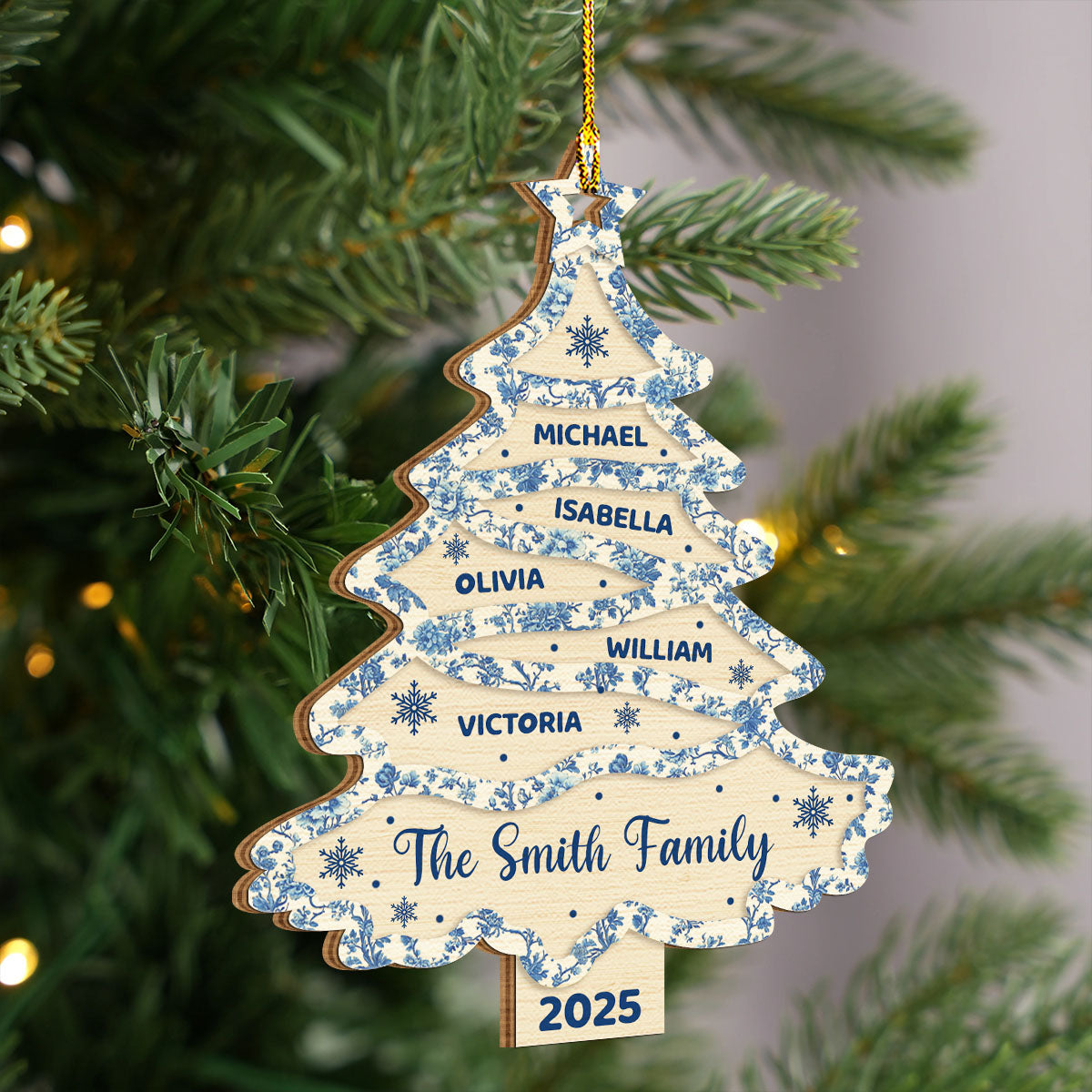 Family Names Christmas Tree Toile De Jouy - Personalized Custom Wood Ornament
