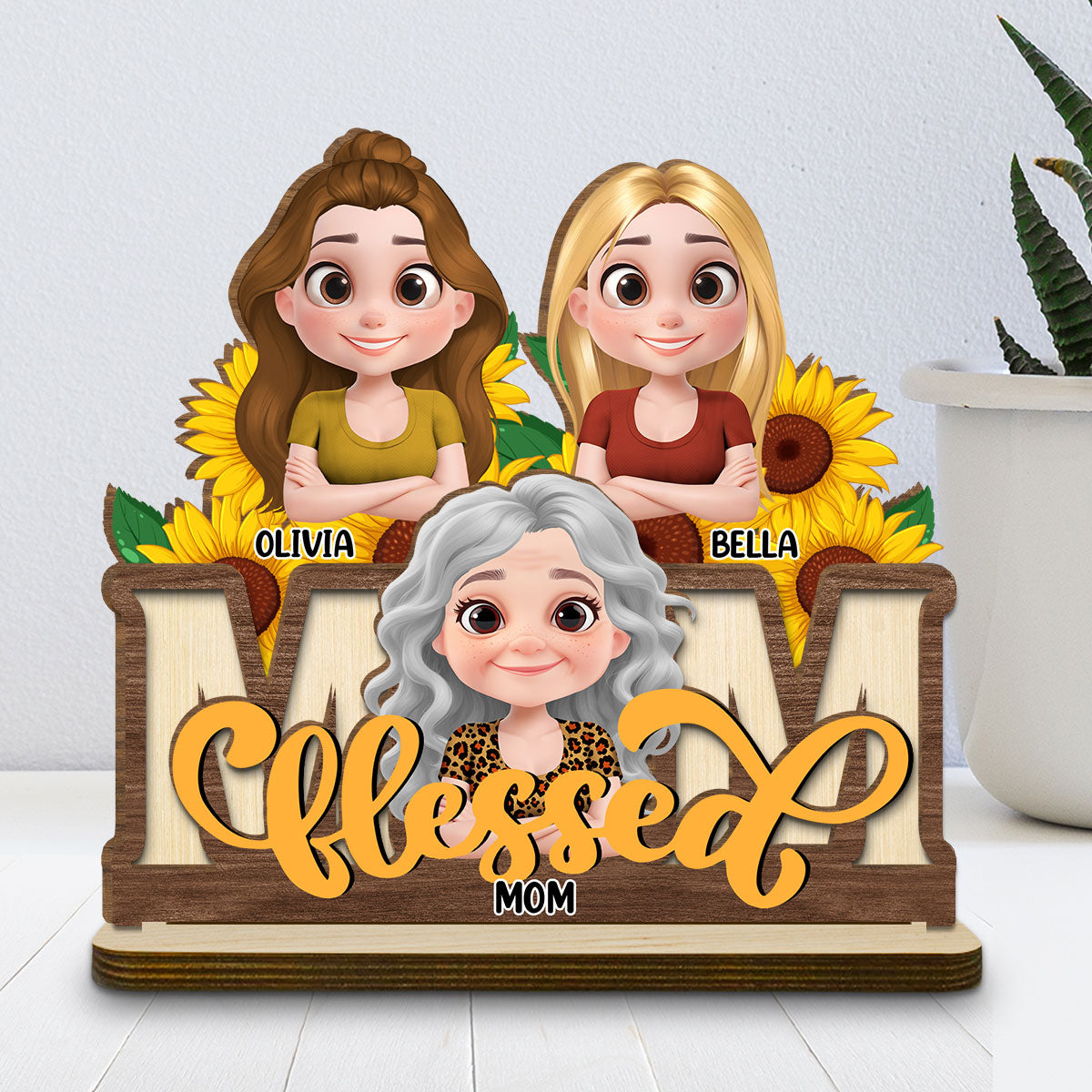 Blessed Mom - Personalized Custom 2-Layer Wood Plaque With Flat Base