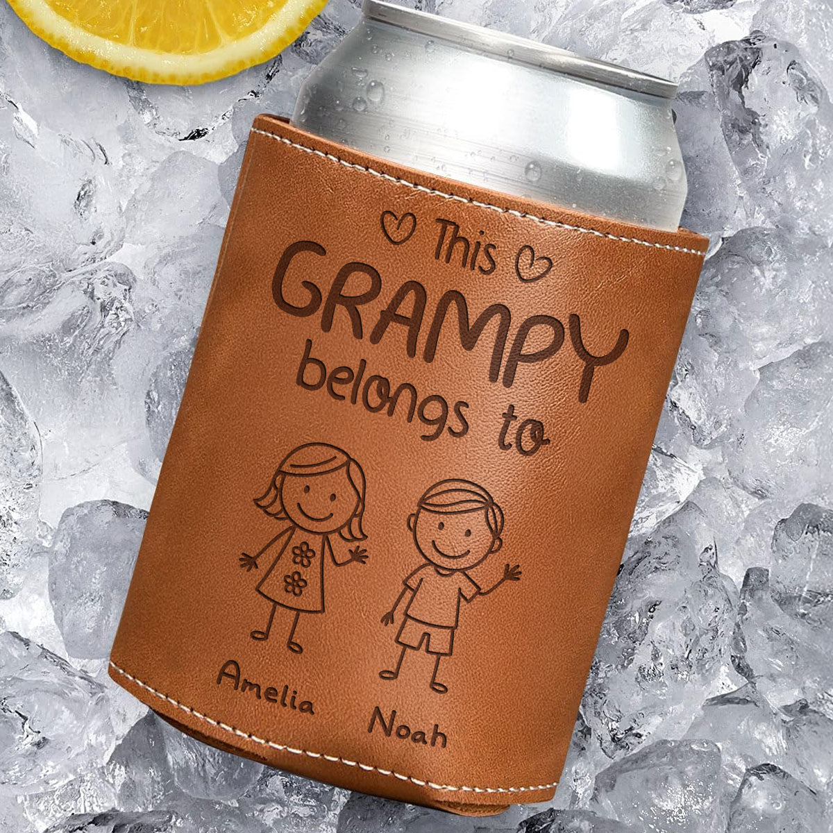 This Grandpa Belongs To Us - Personalized Custom Engraved Leather Can Cooler Holder