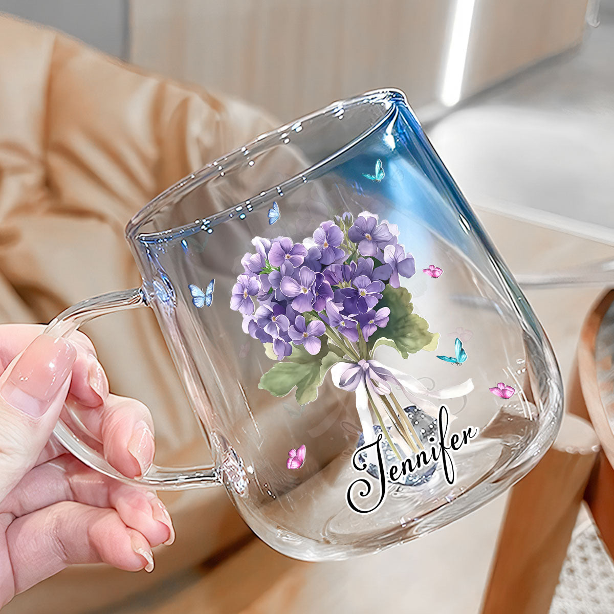 Birthmonth Flower With Name - Personalized Custom Blue Gradient Glass Mug