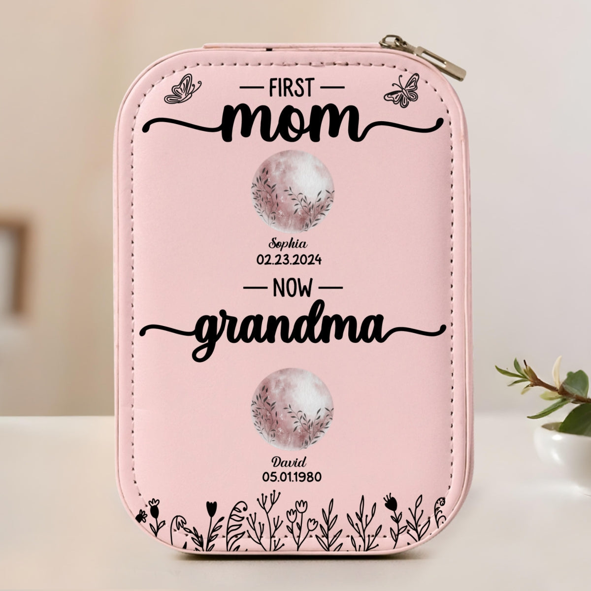 First Mom Now Grandma Floral Birth Moon - Personalized Custom Jewelry Box With LED Mirror