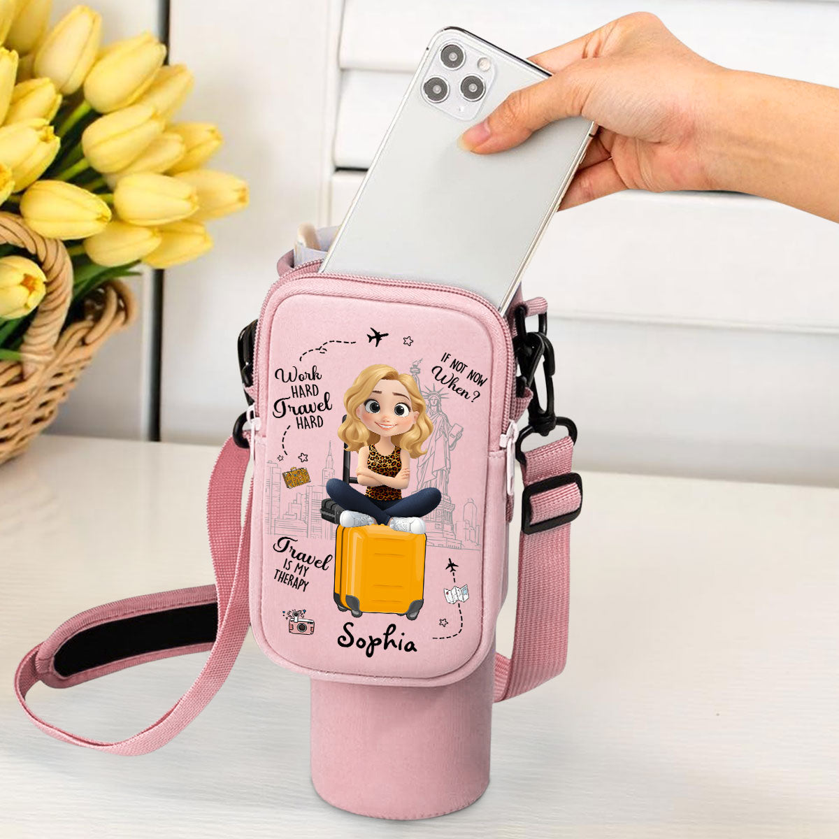 Work Hard Travel Hard - Personalized Custom 40oz Water Bottle Carrier Bag