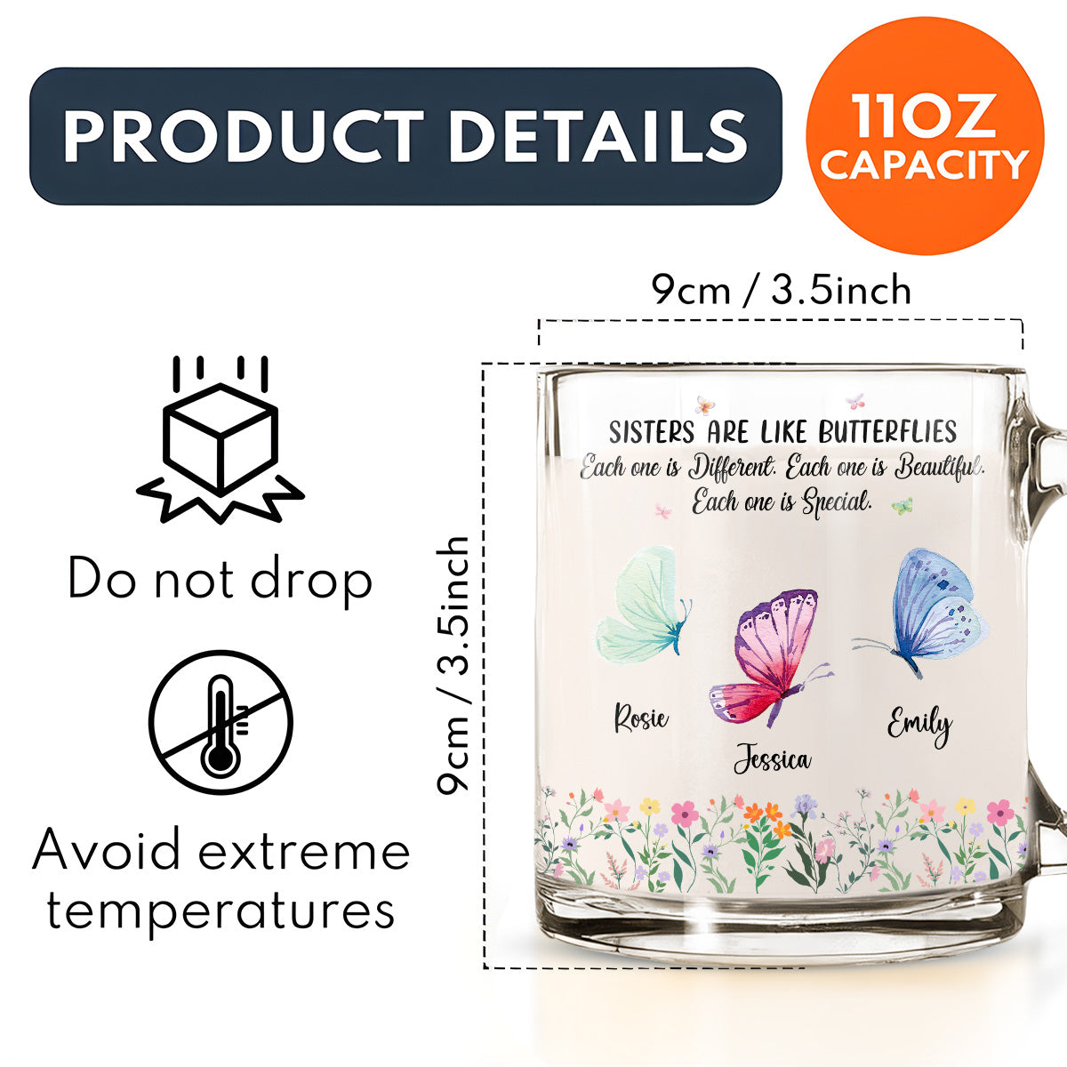 Sisters Flutter Through Life Beautifully - Personalized Custom Glass Mug