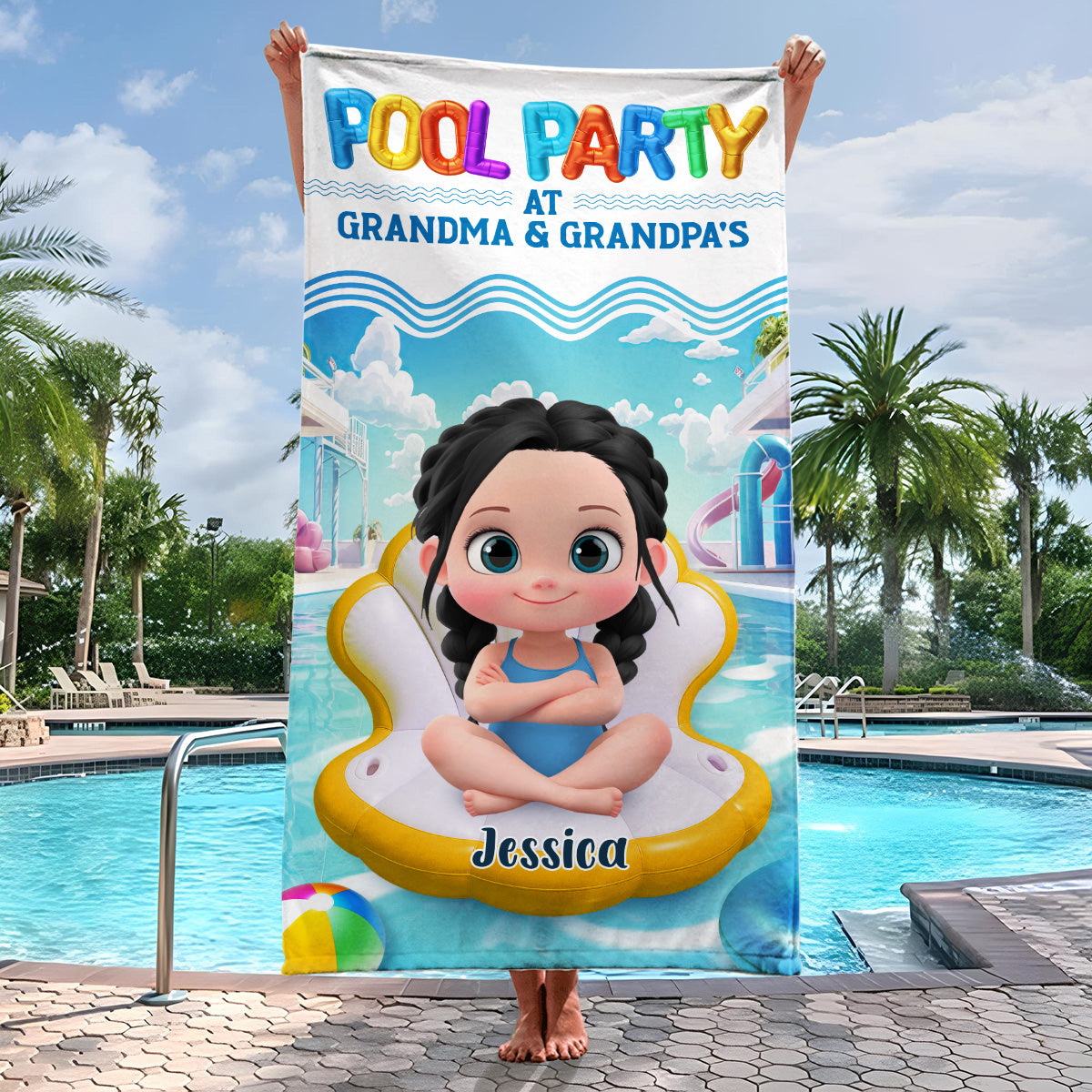 Pool Party At Grandma And Grandpa - Personalized Custom Beach Towel