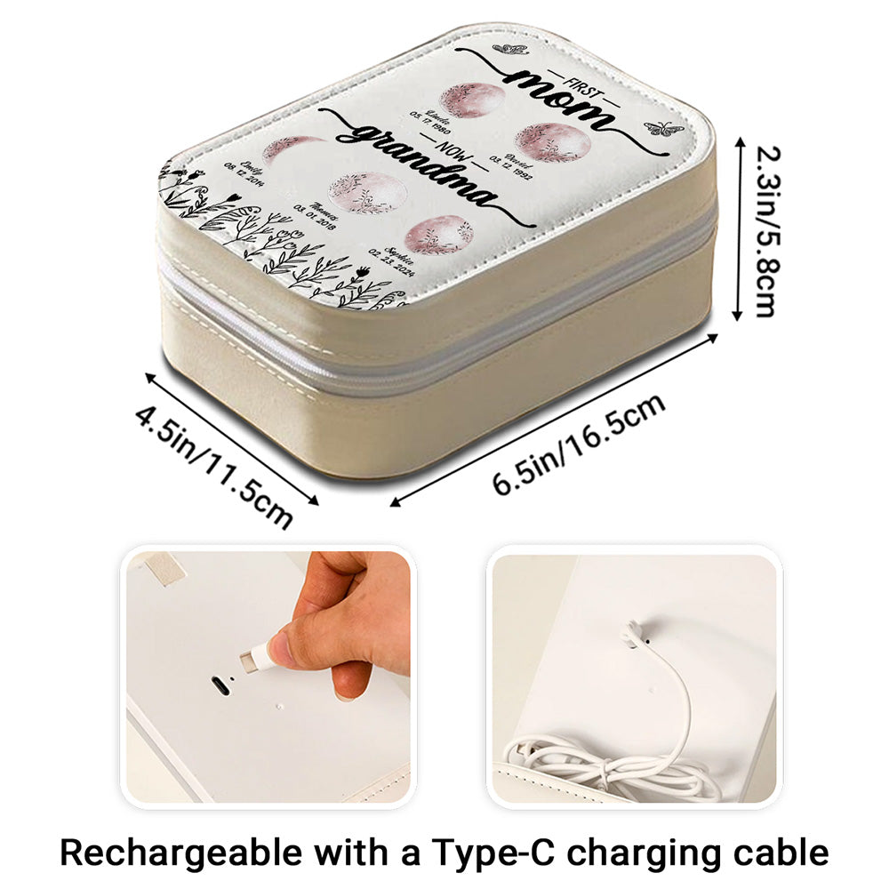 First Mom Now Grandma Floral Birth Moon - Personalized Custom Jewelry Box With LED Mirror