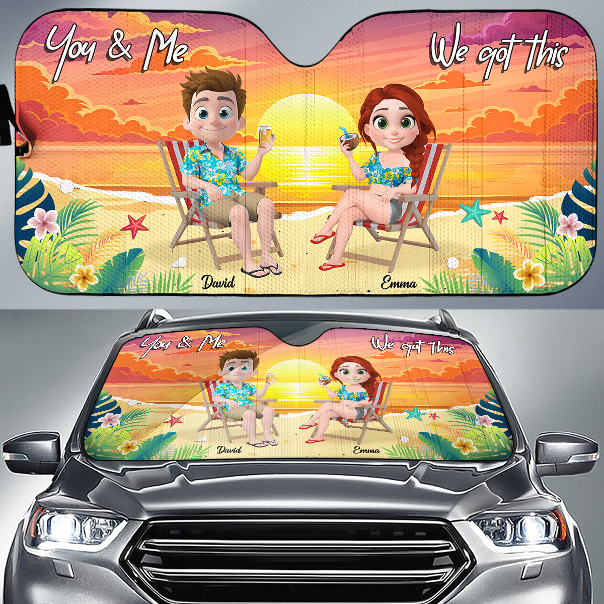 You And Me At Beach - Personalized Car Sunshade