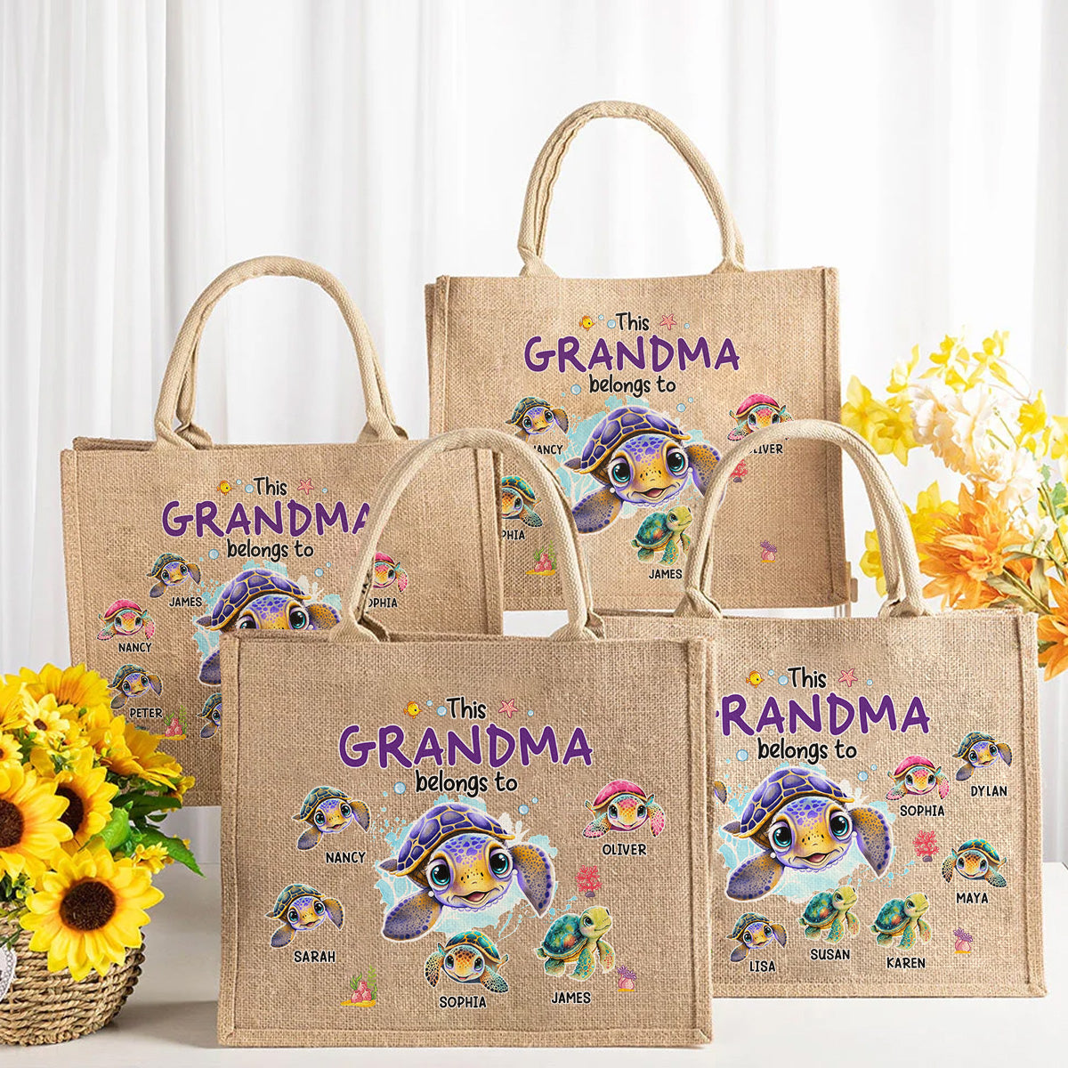 This Grandma Belongs To - Personalized Custom Jute Tote Bag