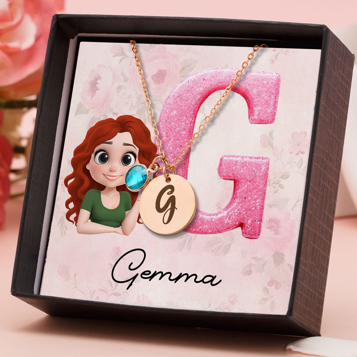 Glitter Alphabet Cartoon - Personalized Custom Birthstone Necklace With Message Card