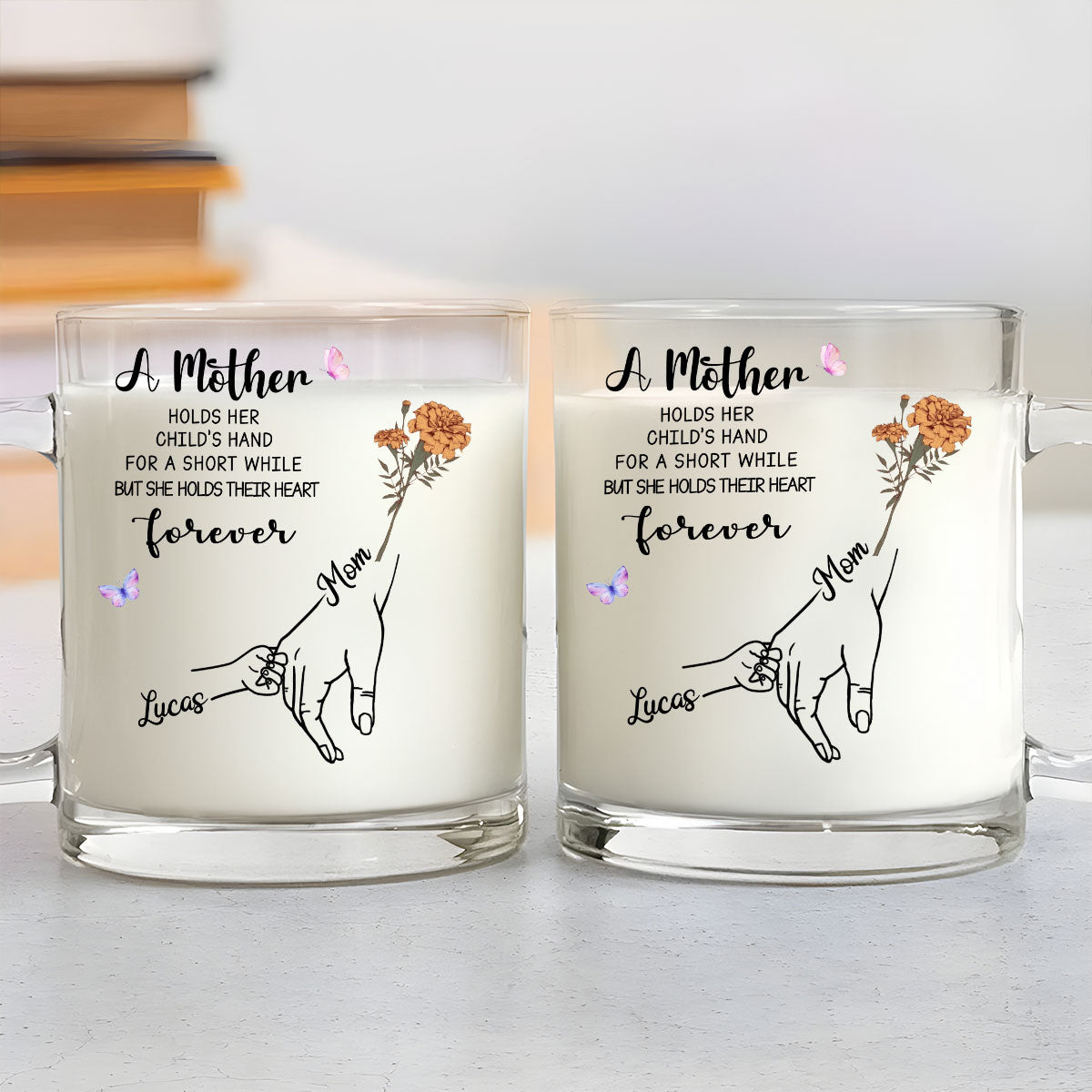 Mother Holds Her Children Heart Forever - Personalized Custom Glass Mug