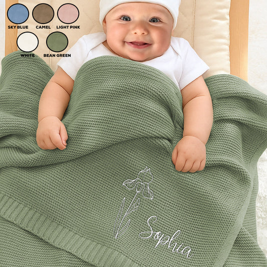 Soft Leaf - Personalized Custom Embroidered Knitted Baby Blanket