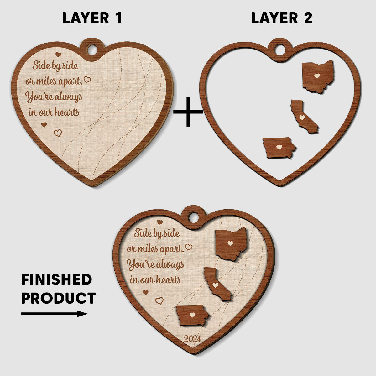 Long Distance Family State Map - Personalized Custom Freeshape 2-Layered Wood Ornament