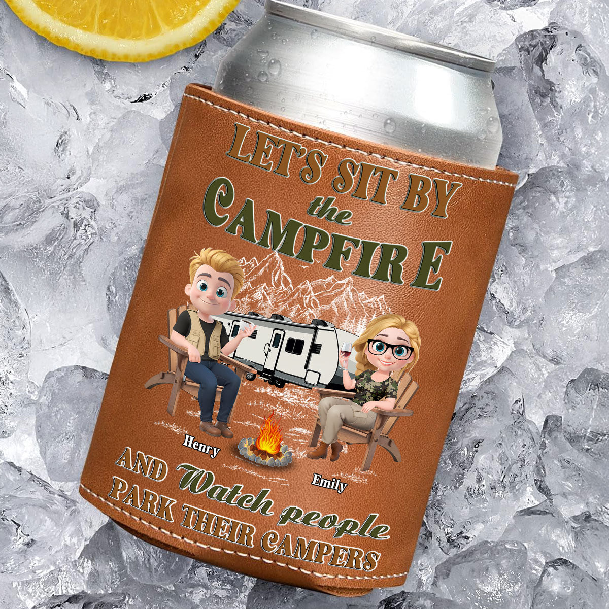 Memories At Campsite - Personalized Custom Leather Can Cooler Holder