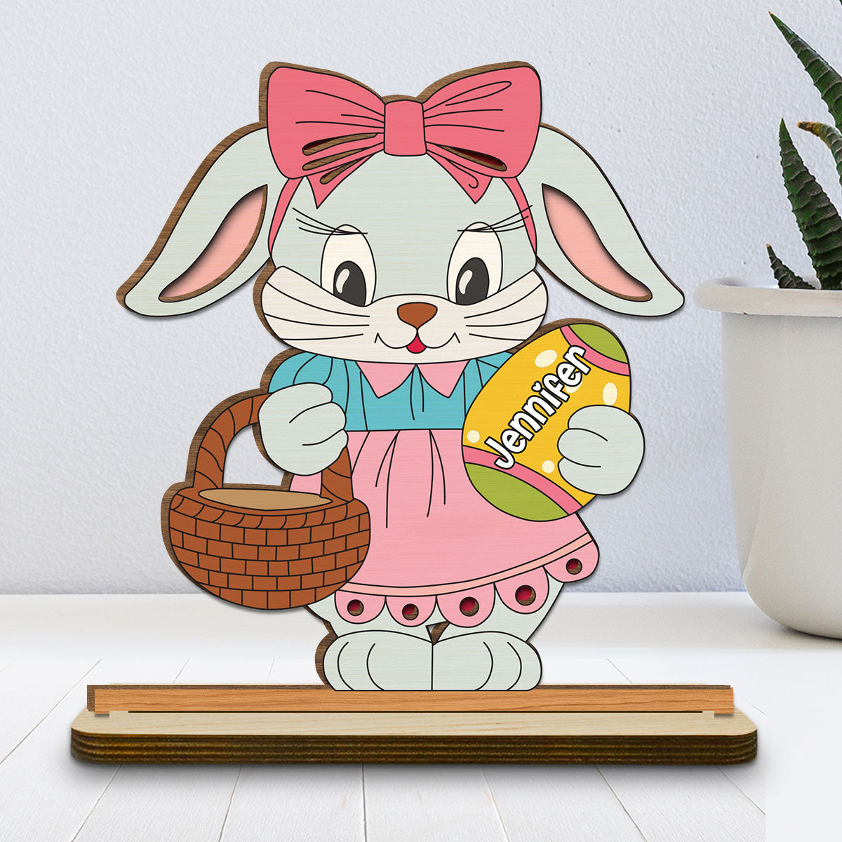 Spring Bunny Surprise - Personalized Custom 2-Layer Wood Plaque With Flat Base