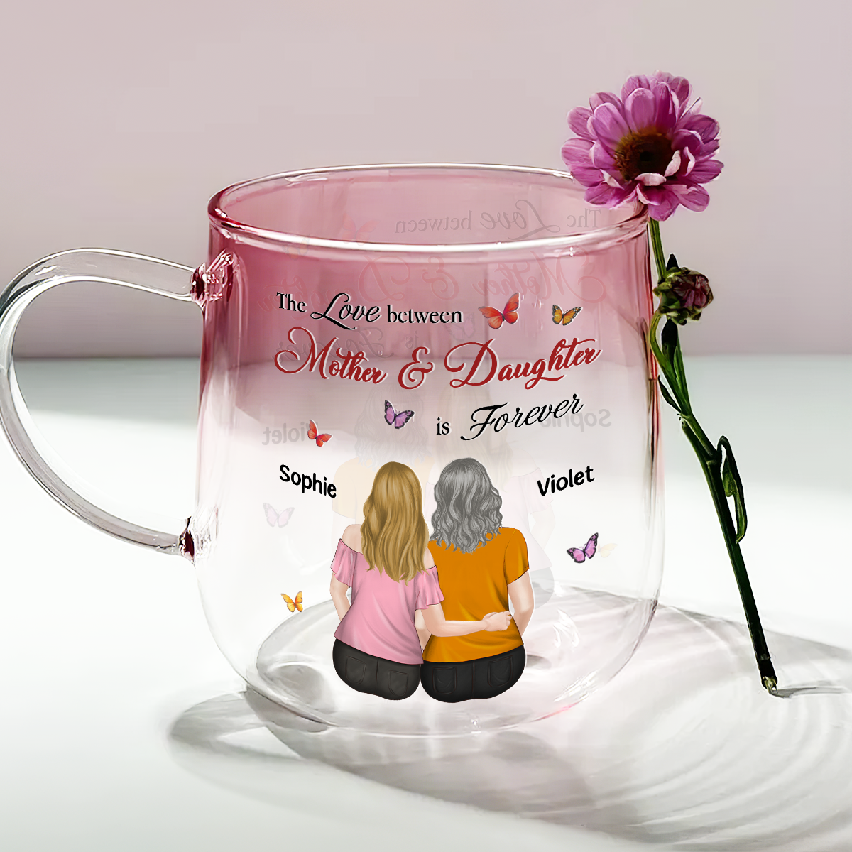 Mother And Daughter Love Forever - Personalized Custom Pink Gradient Glass Mug