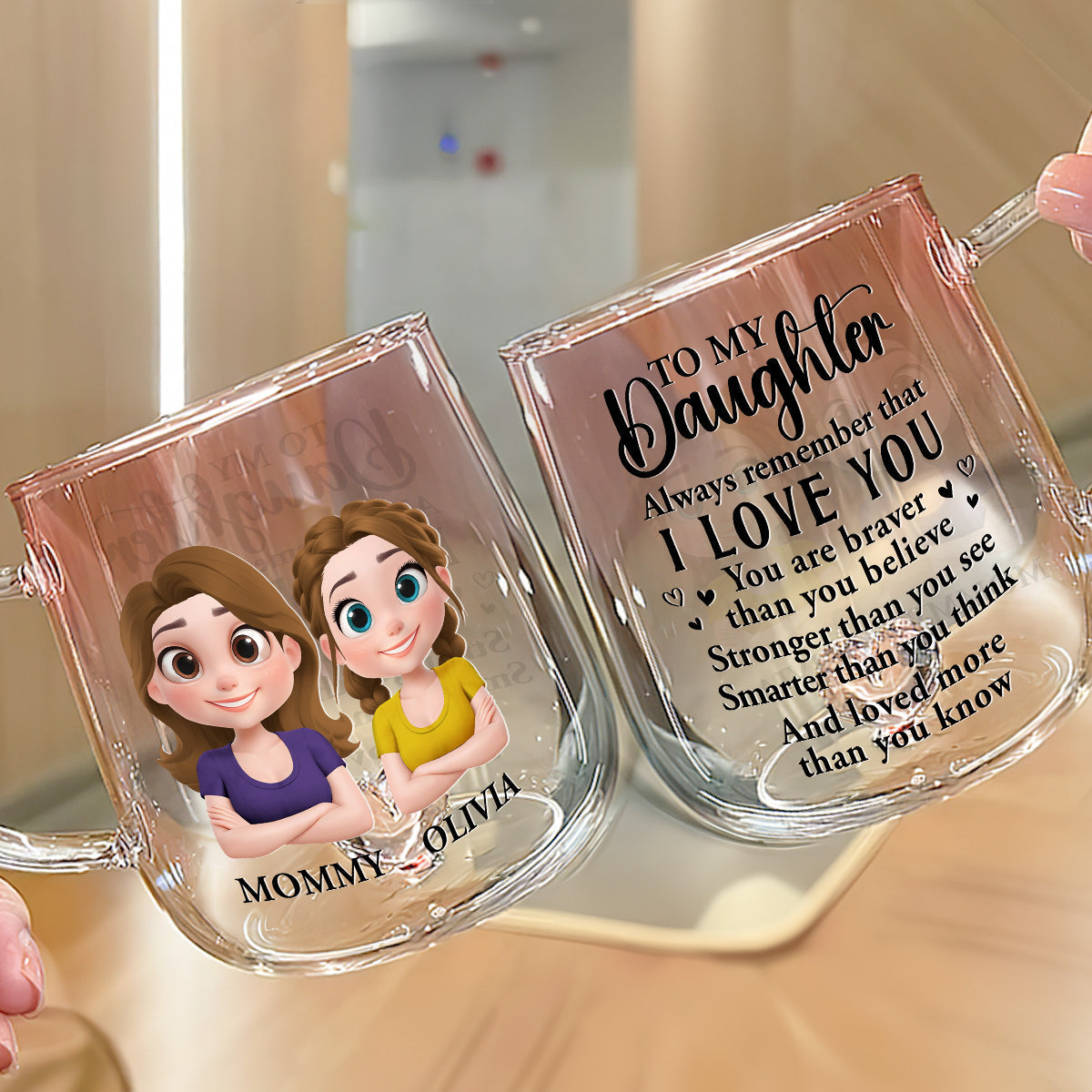 Mom To Daughter Braver Stronger - Personalized Custom Pink Gradient Glass Mug