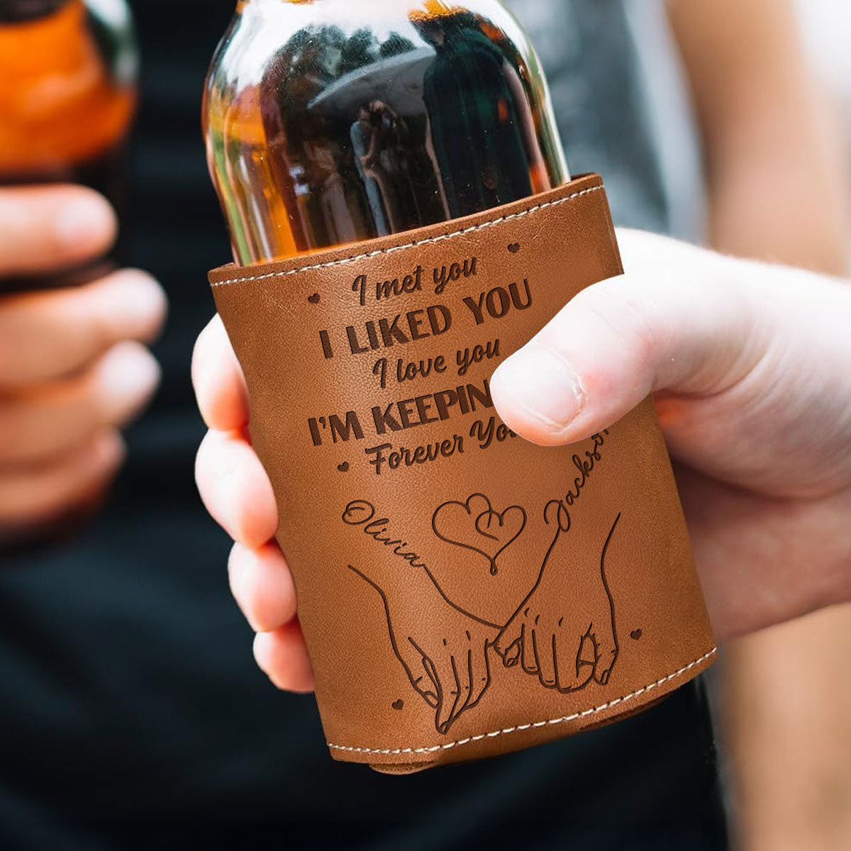Forever Yours - Personalized Custom Engraved Leather Can Cooler Holder