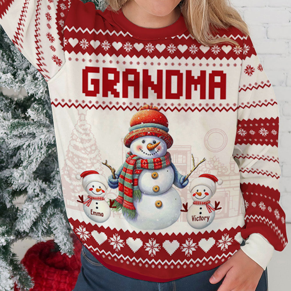 Grandma And Grandkids Snowman Christmas - Personalized Custom All-Over-Print Sweatshirt