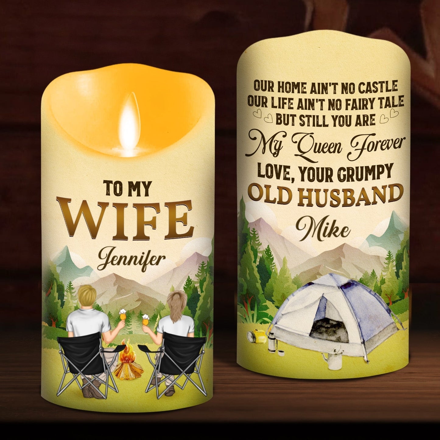 To My Wife You Are My Queen Forever Camping Version - Personalized Custom LED Candle