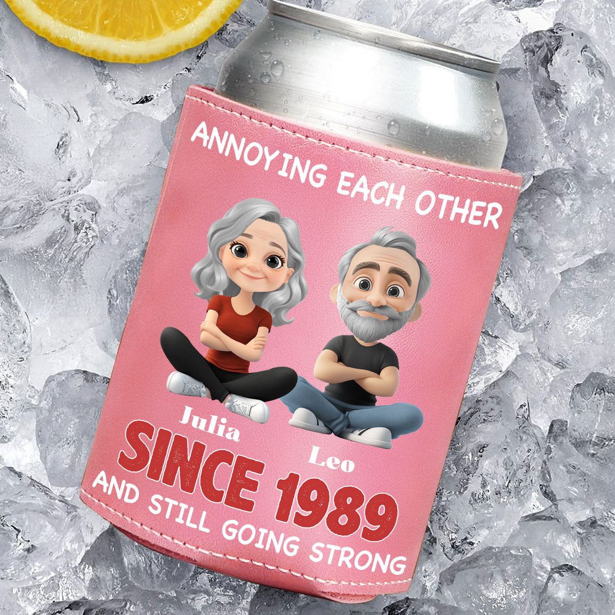 Forever In Love - Personalized Custom Pink Leather Can Cooler Holder