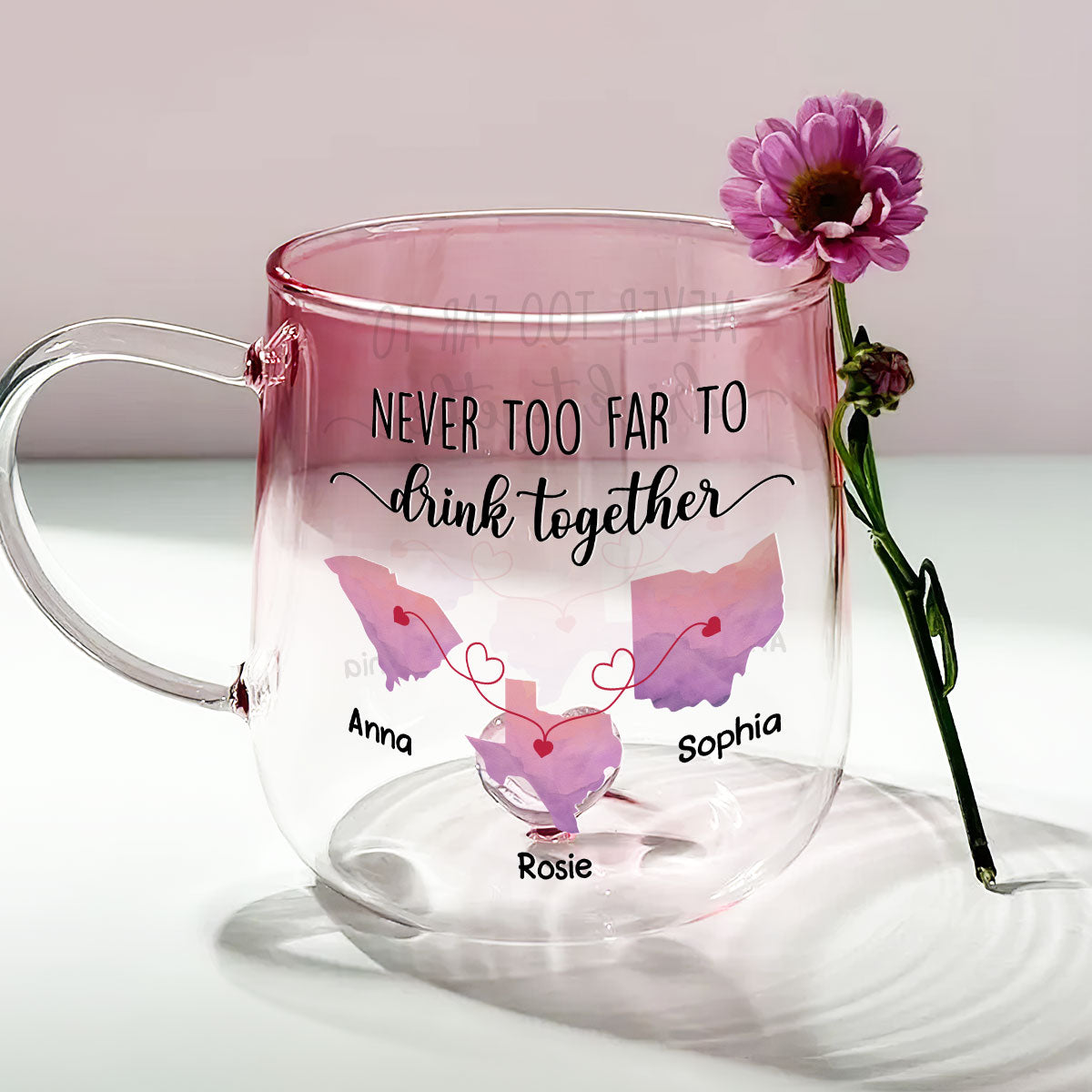 Never Too Far To Cheer With You - Personalized Custom Pink Gradient Glass Mug