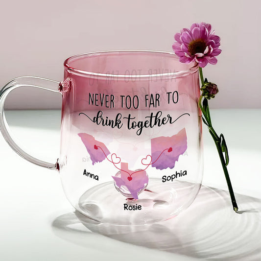 Never Too Far To Cheer With You - Personalized Custom Pink Gradient Glass Mug