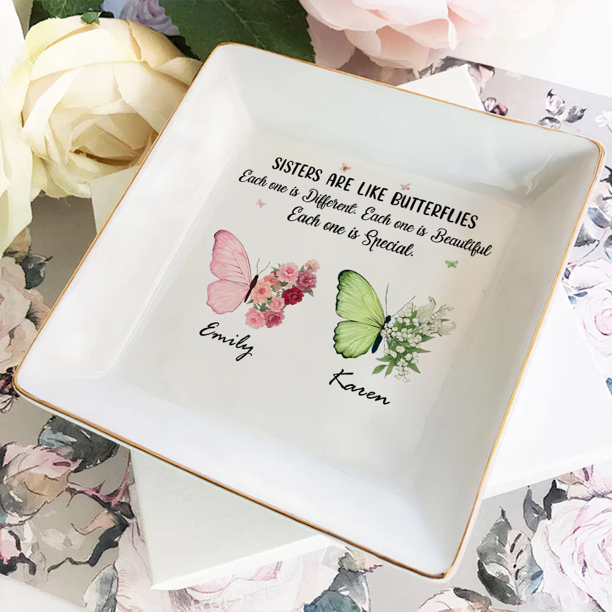 Butterflies Dance Sisters Shine - Personalized Custom Jewelry Dish