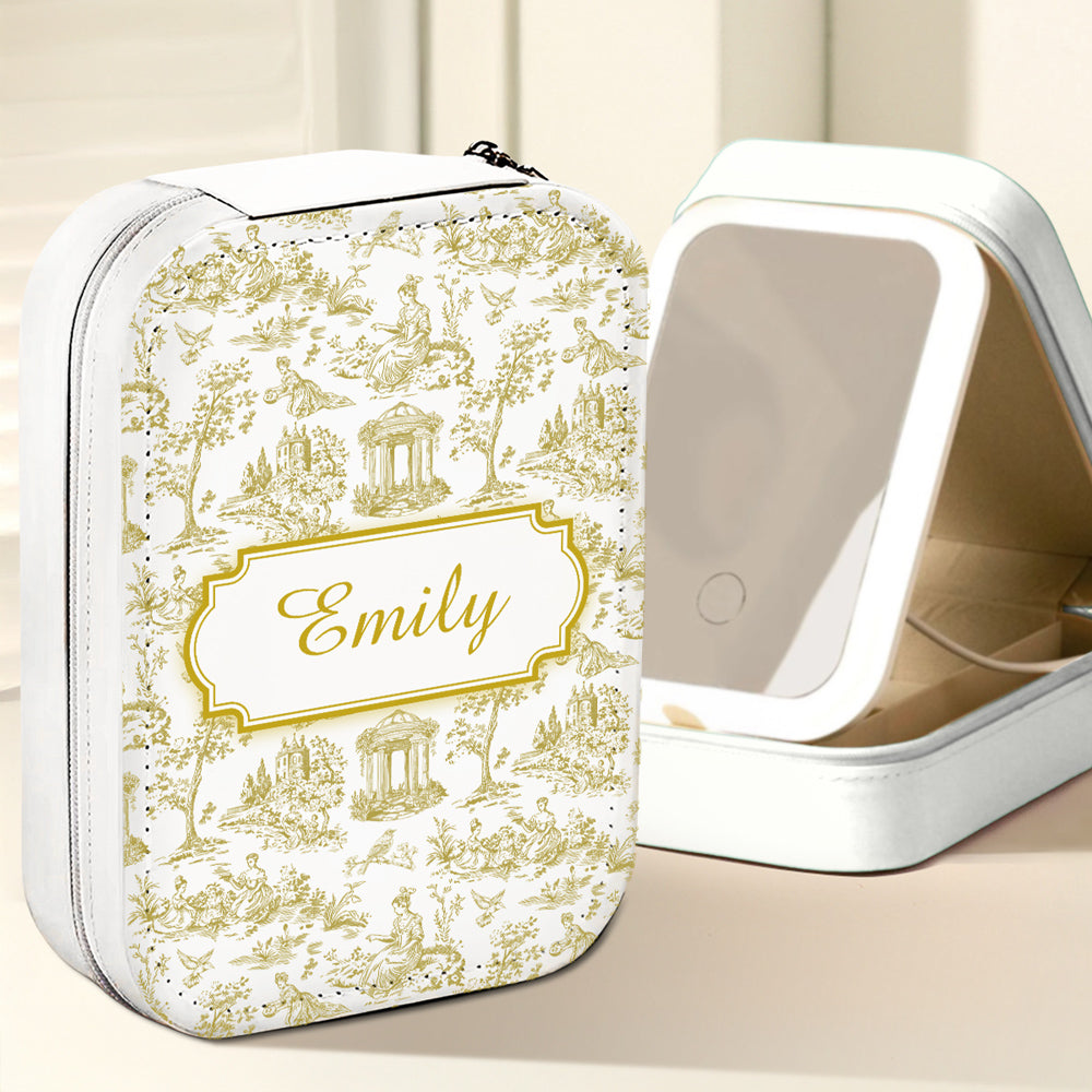 Vintage Toile - Personalized Custom Jewelry Box With LED Mirror