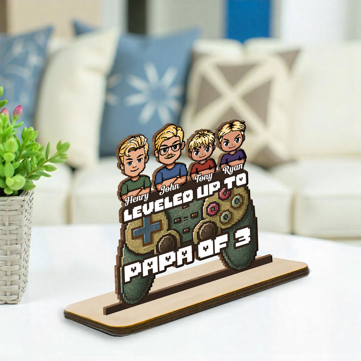 Leveled Up To Dad - Personalized Custom 2-Layer Wood Plaque With Flat Base