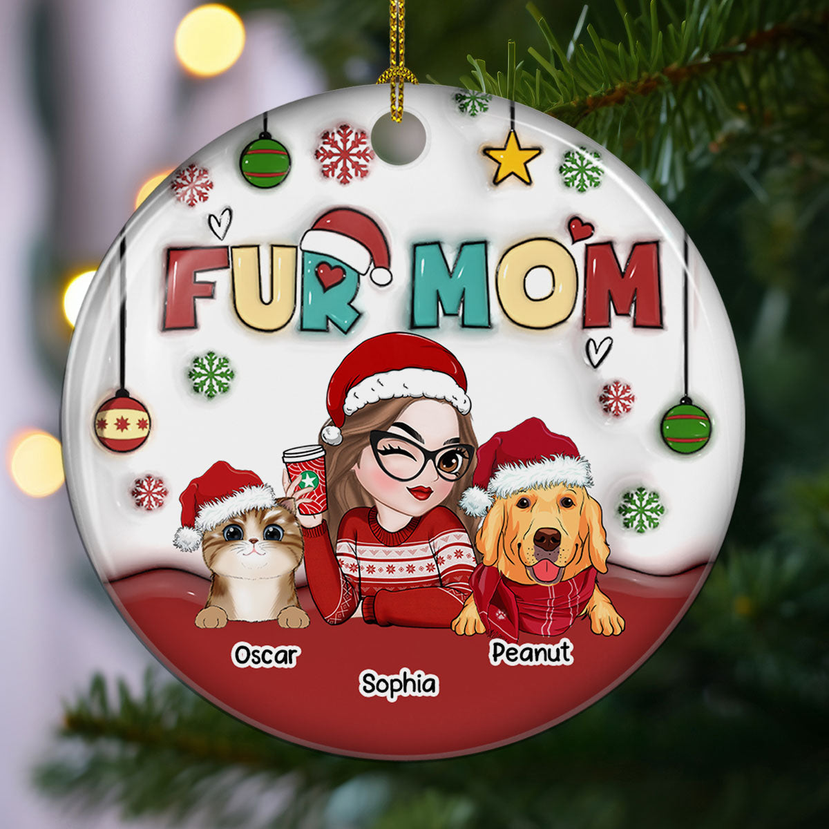 Mom Of Pets- Personalized Custom 3D Inflated Effect Ceramic Ornament
