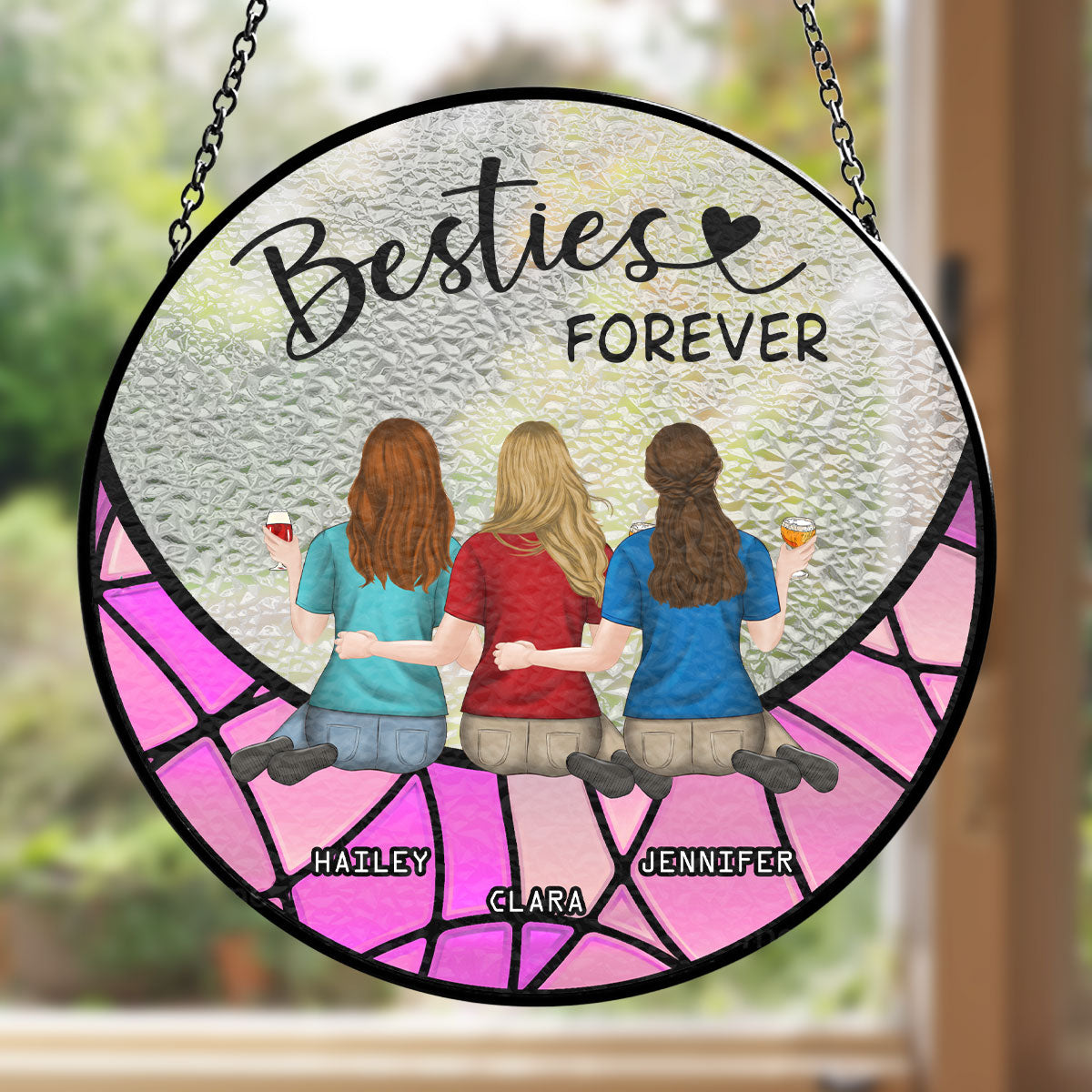 Friends Sitting On The Moon Version 2 - Personalized Custom Window Hanging Suncatcher