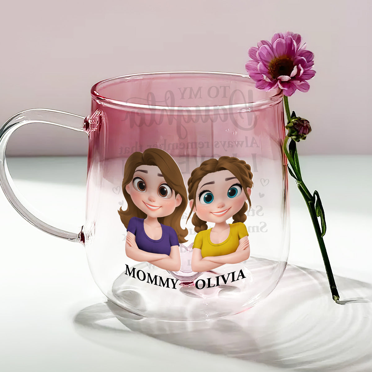 Mom To Daughter Braver Stronger - Personalized Custom Pink Gradient Glass Mug