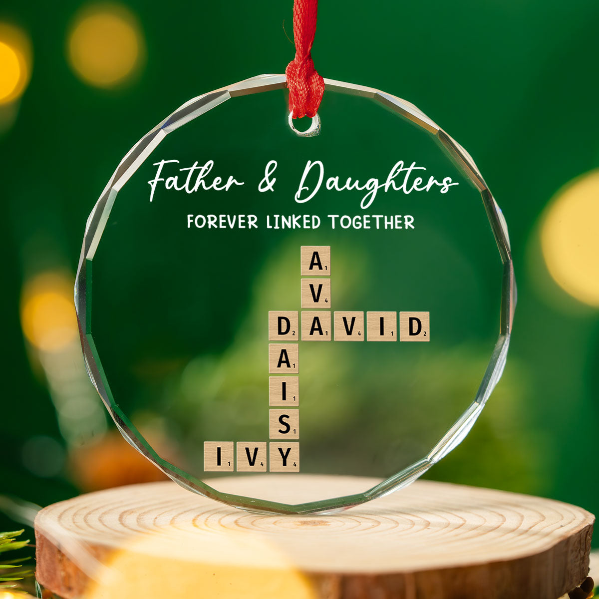 Father With Daughters Linked By Love - Personalized Custom Glass Ornament