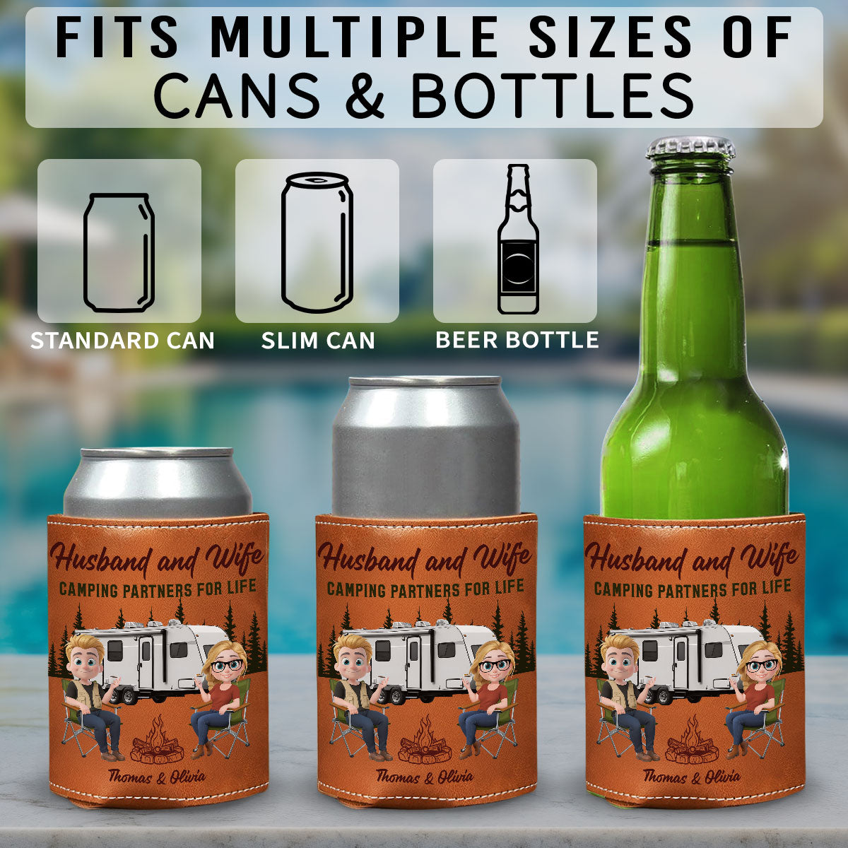 Camping Together For Life - Personalized Custom Leather Can Cooler Holder