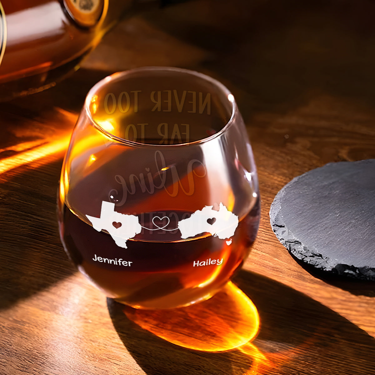 Never Too Far To Wine Together - Personalized Custom Wine Glass