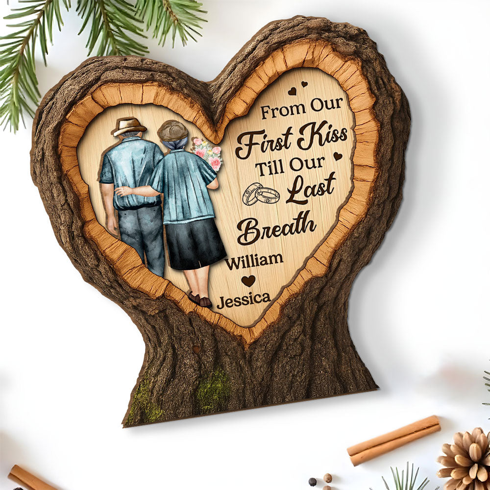 Our Journey Begins With First Kiss - Personalized Custom 2-Layer Wood Plaque With Flat Base