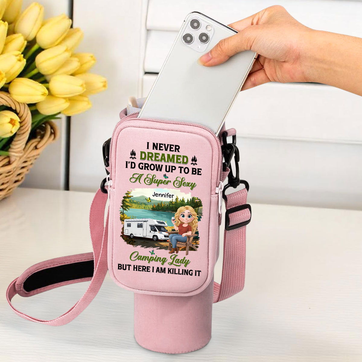 Sexy Camping Lady - Personalized Custom Water Bottle Carrier Bag