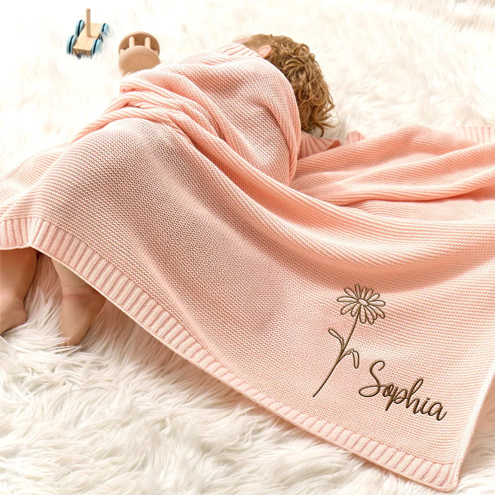 Soft Leaf - Personalized Custom Embroidered Knitted Baby Blanket