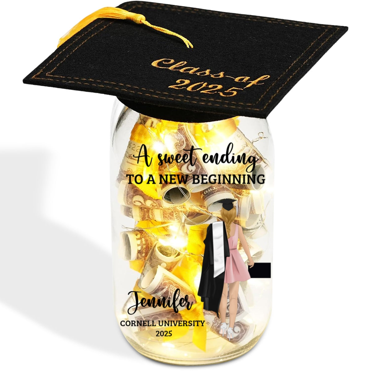 A Sweet Ending To A New Beginning - Personalized Custom Graduation Mason Jar Light
